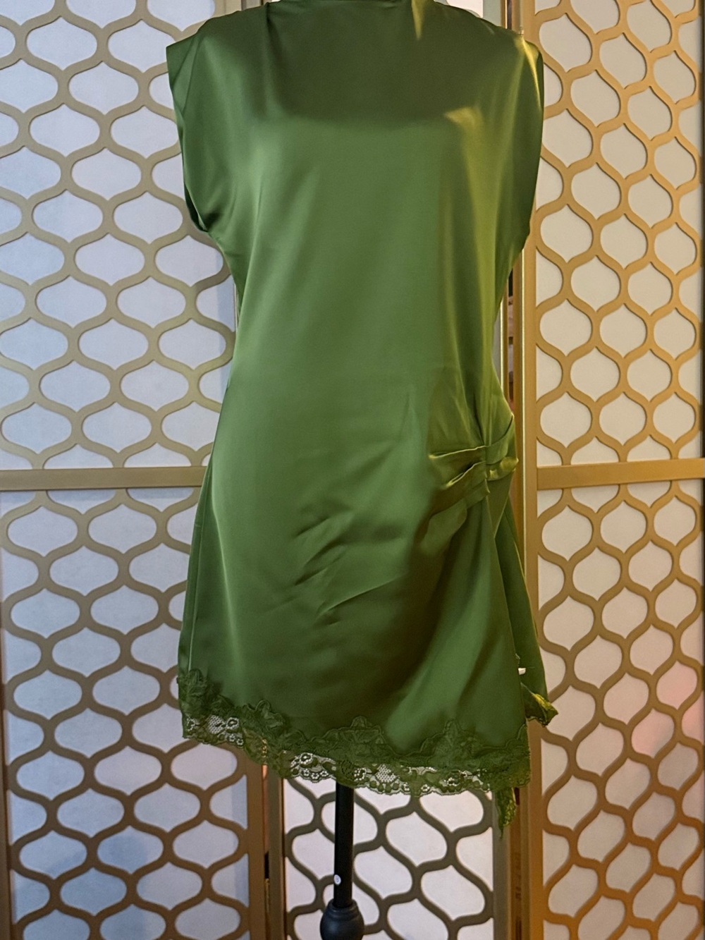 Olive Green Satin Chemise with Lace Hem